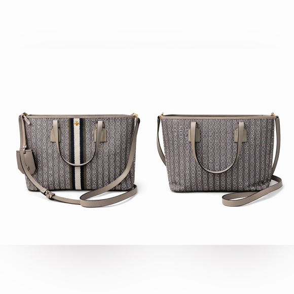 Tory Burch Gemini Link Canvas Tote Navy Stripe Crossbody Strap |Neutral Jacquard - Picture 2 of 8